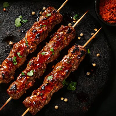 VO302 BROCHETTES DE BŒUF AIL NOIR & PIMENT